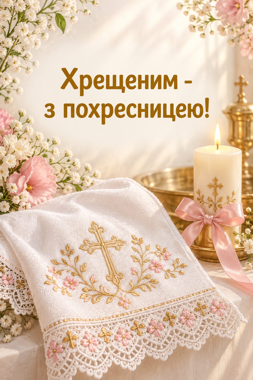 Листівка з народженням донечки: вишита крижма, свічка й рожева стрічка, напис «Хрещеним - з похресницею!»