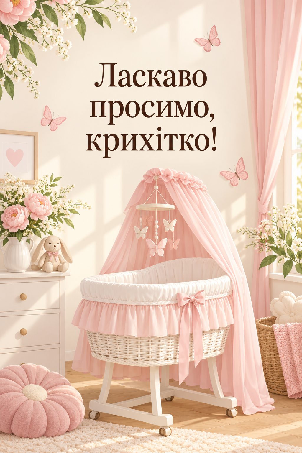 Листівка з народженням донечки: колиска з рожевим балдахіном і мобіль із метеликами, напис «Ласкаво просимо, крихітко!»