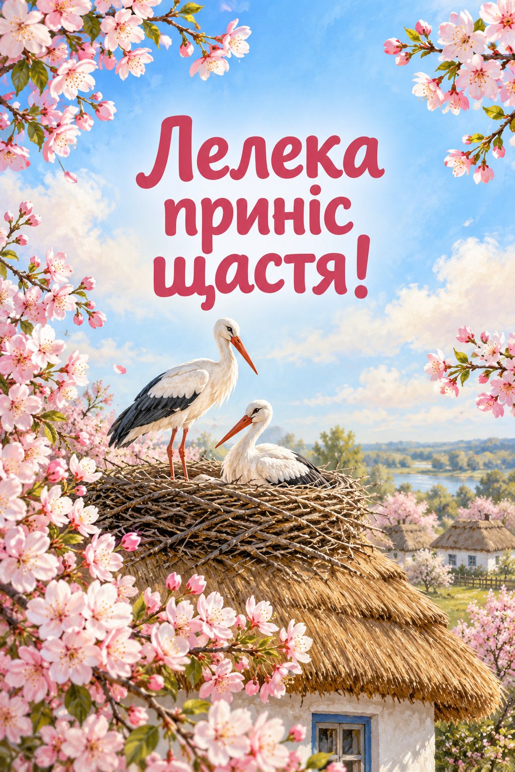 Листівка з народженням донечки: лелеки в гнізді серед квітучих вишень, напис «Лелека приніс щастя!»