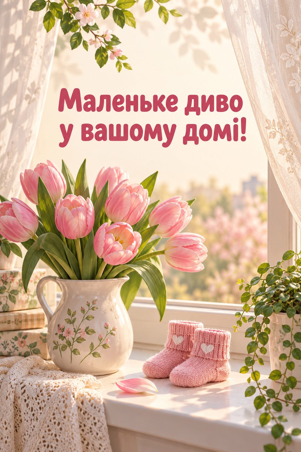Листівка з народженням донечки: вікно з фіранками, рожеві тюльпани й крихітні шкарпетки, напис «Маленьке диво у вашому домі!»