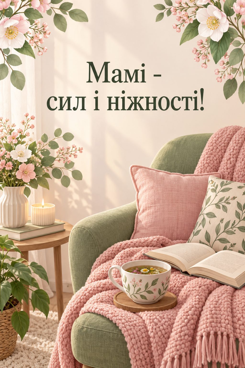 Листівка з народженням донечки: чашка чаю, рожевий плед і книжка у кріслі, напис «Мамі - сил і ніжності!»