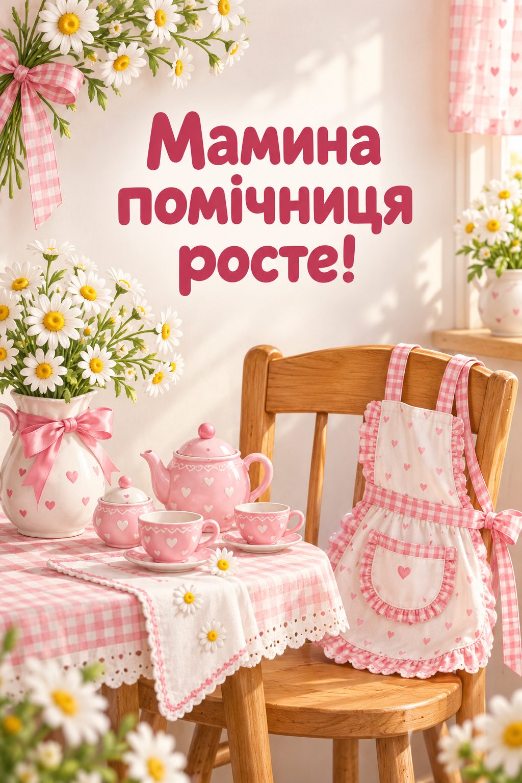 Листівка з народженням донечки: іграшковий чайний сервіз, фартушок і ромашки, напис «Мамина помічниця росте!»