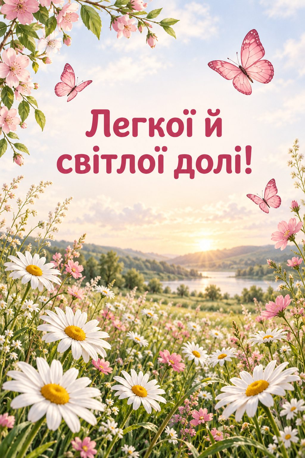 Листівка з народженням донечки: рожеві метелики над ромашковим лугом, напис «Легкої й світлої долі!»