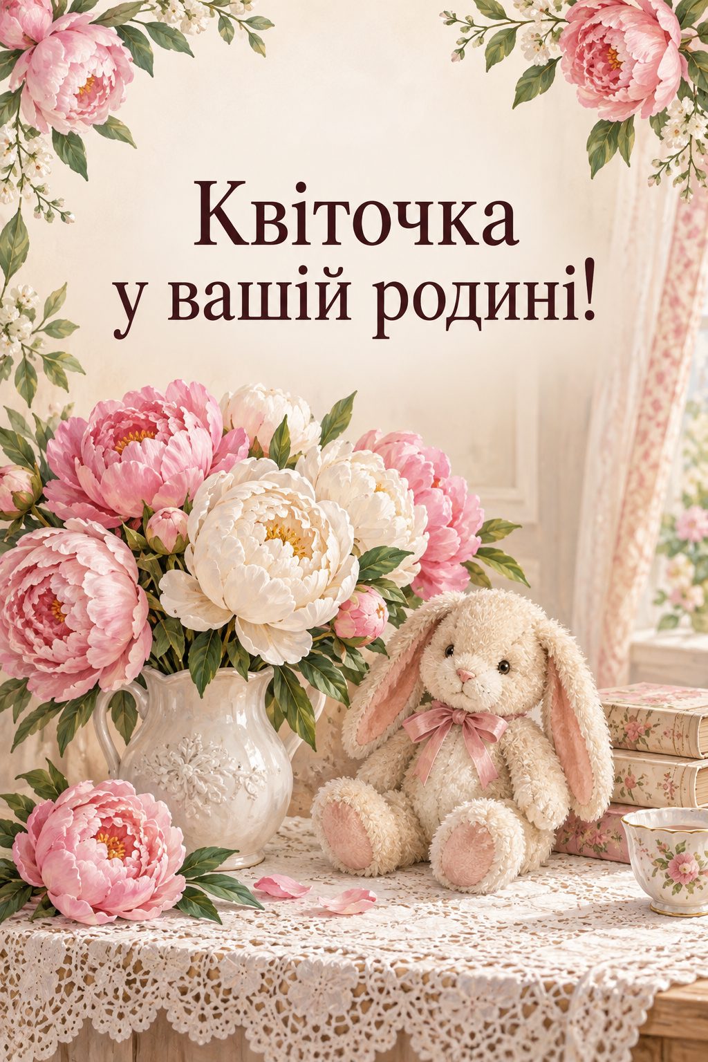 Листівка з народженням донечки: півонії й плюшевий зайчик на мереживній скатертині, напис «Квіточка у вашій родині!»