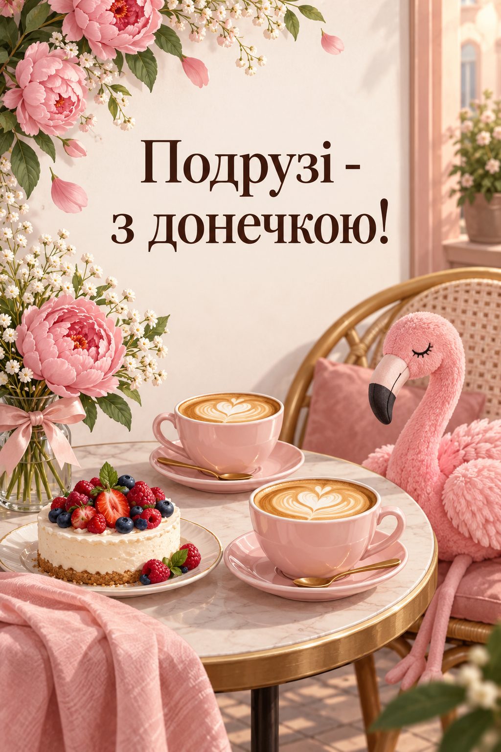 Листівка з народженням донечки: дві чашки капучино, торт і плюшевий фламінго, напис «Подрузі - з донечкою!»