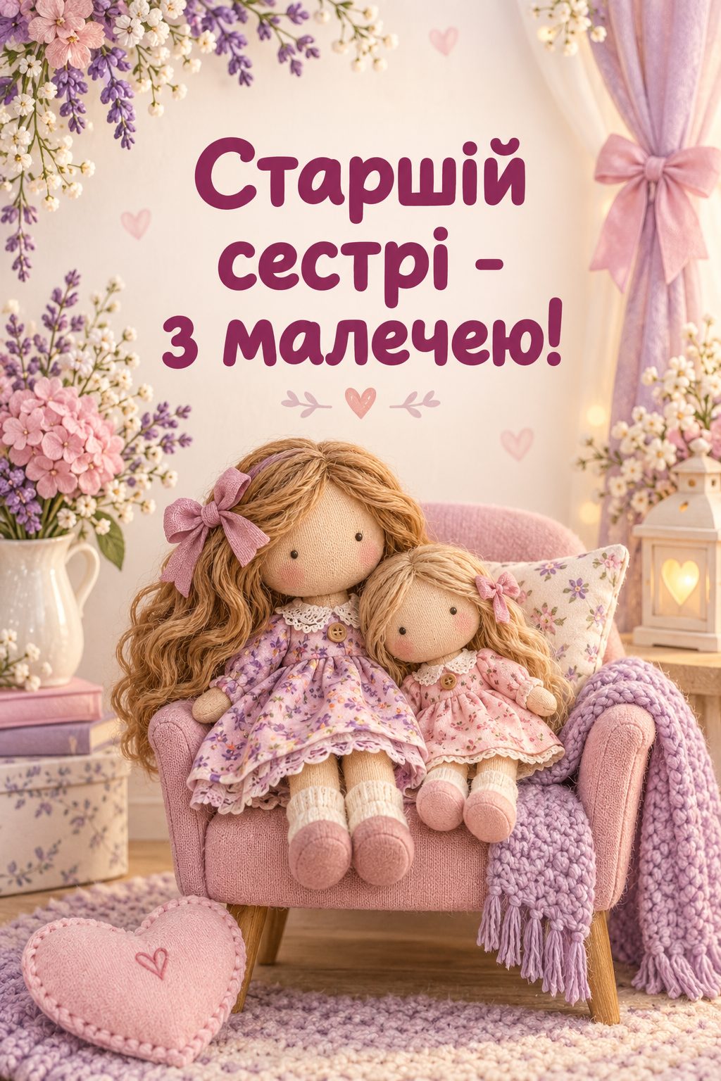 Листівка з народженням донечки: дві ляльки різного розміру на стільчику, напис «Старшій сестрі - з малечею!»