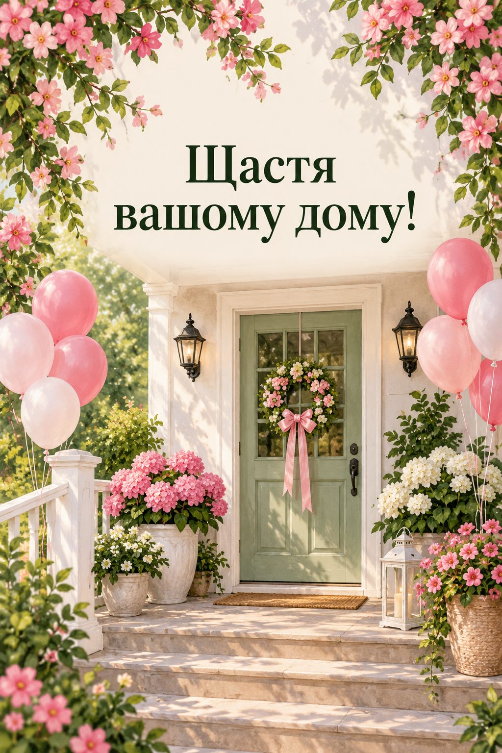 Листівка з народженням донечки: ґанок із рожевими кульками й квітами, напис «Щастя вашому дому!»