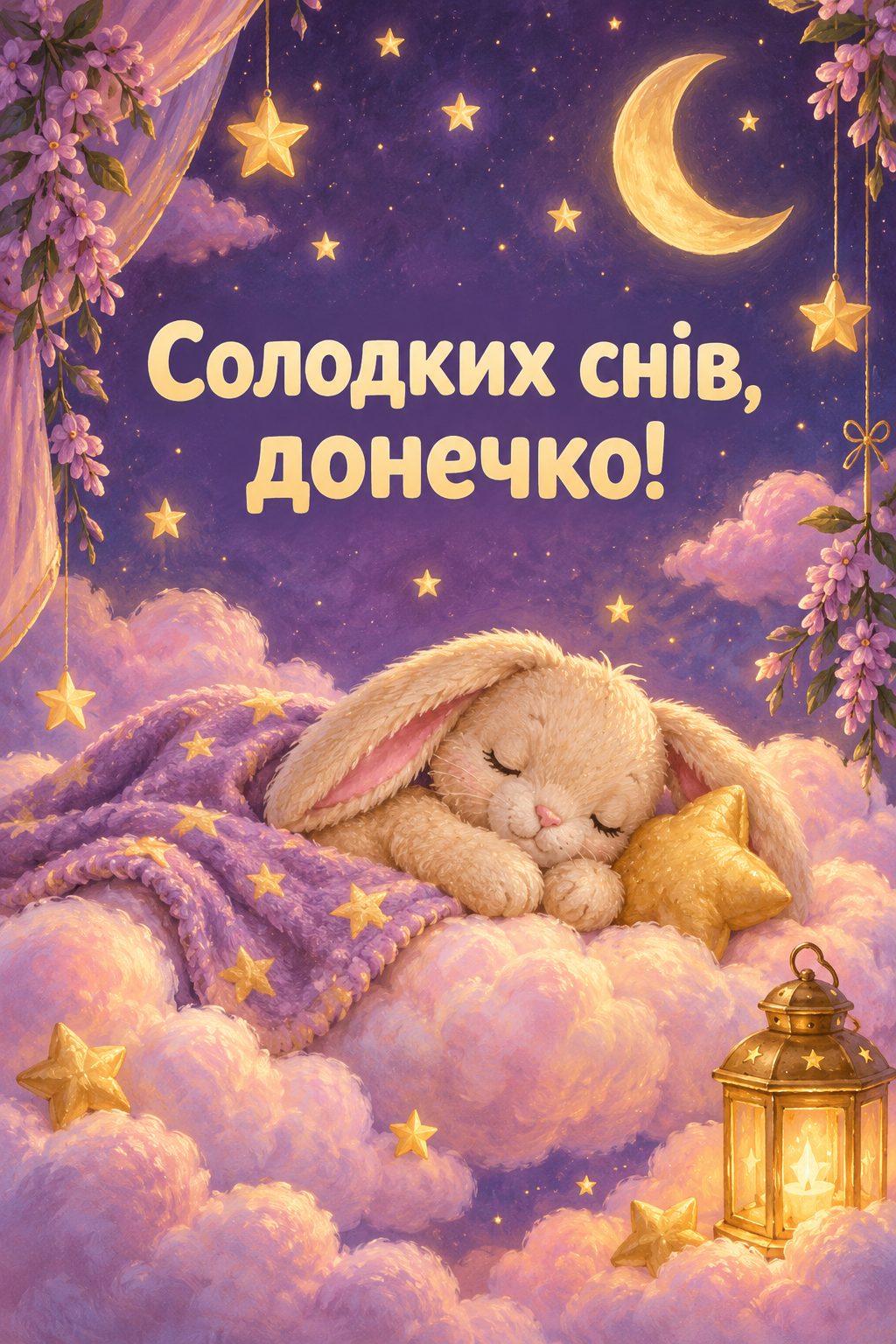 Листівка з народженням донечки: місяць і зорі над хмаринкою із зайчиком, напис «Солодких снів, донечко!»