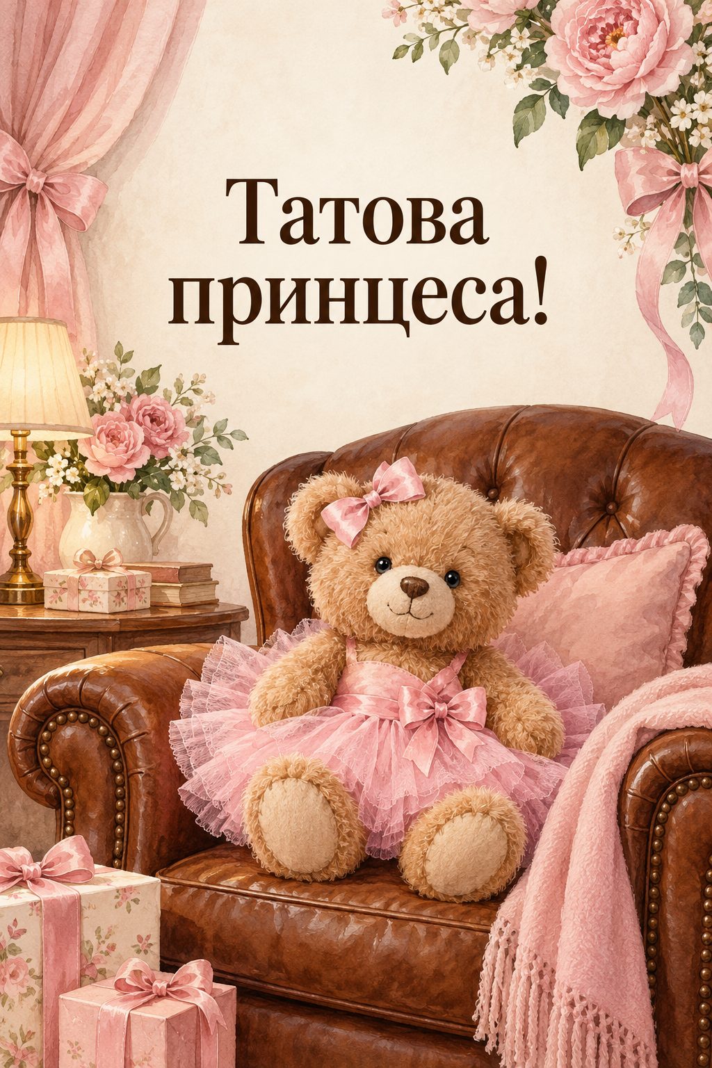 Листівка з народженням донечки: плюшевий ведмедик у рожевій пачці на шкіряному кріслі, напис «Татова принцеса!»