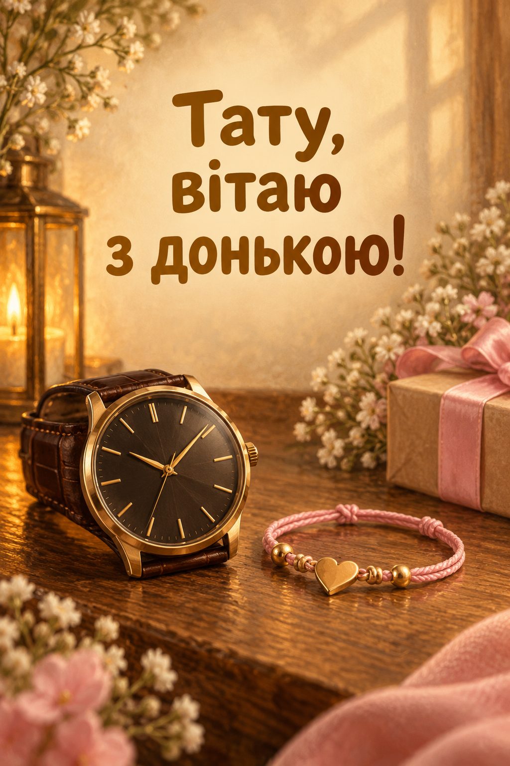 Листівка з народженням донечки: чоловічий годинник і крихітний рожевий браслетик, напис «Тату, вітаю з донькою!»