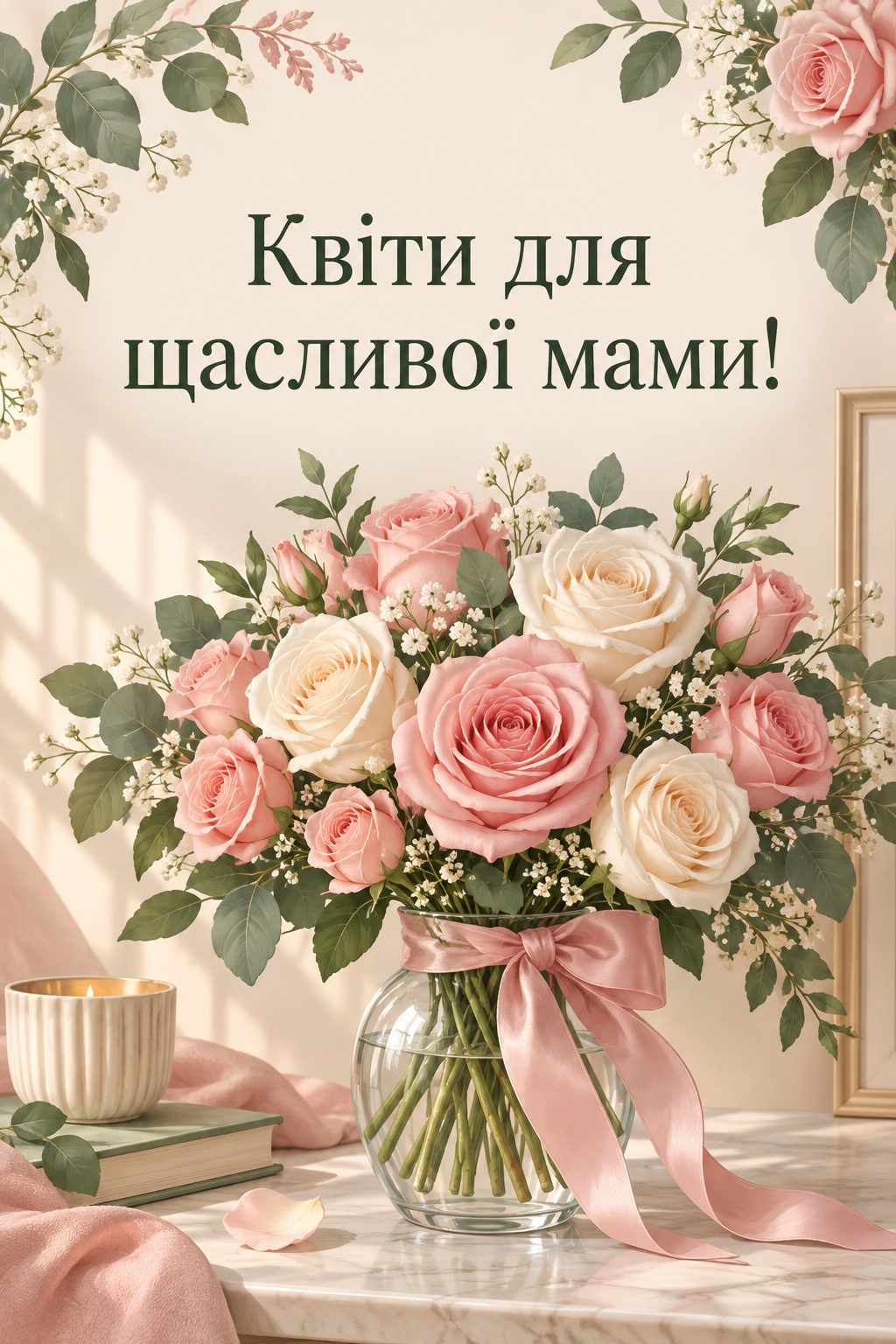 Листівка з народженням донечки: букет рожевих і кремових троянд, напис «Квіти для щасливої мами!»