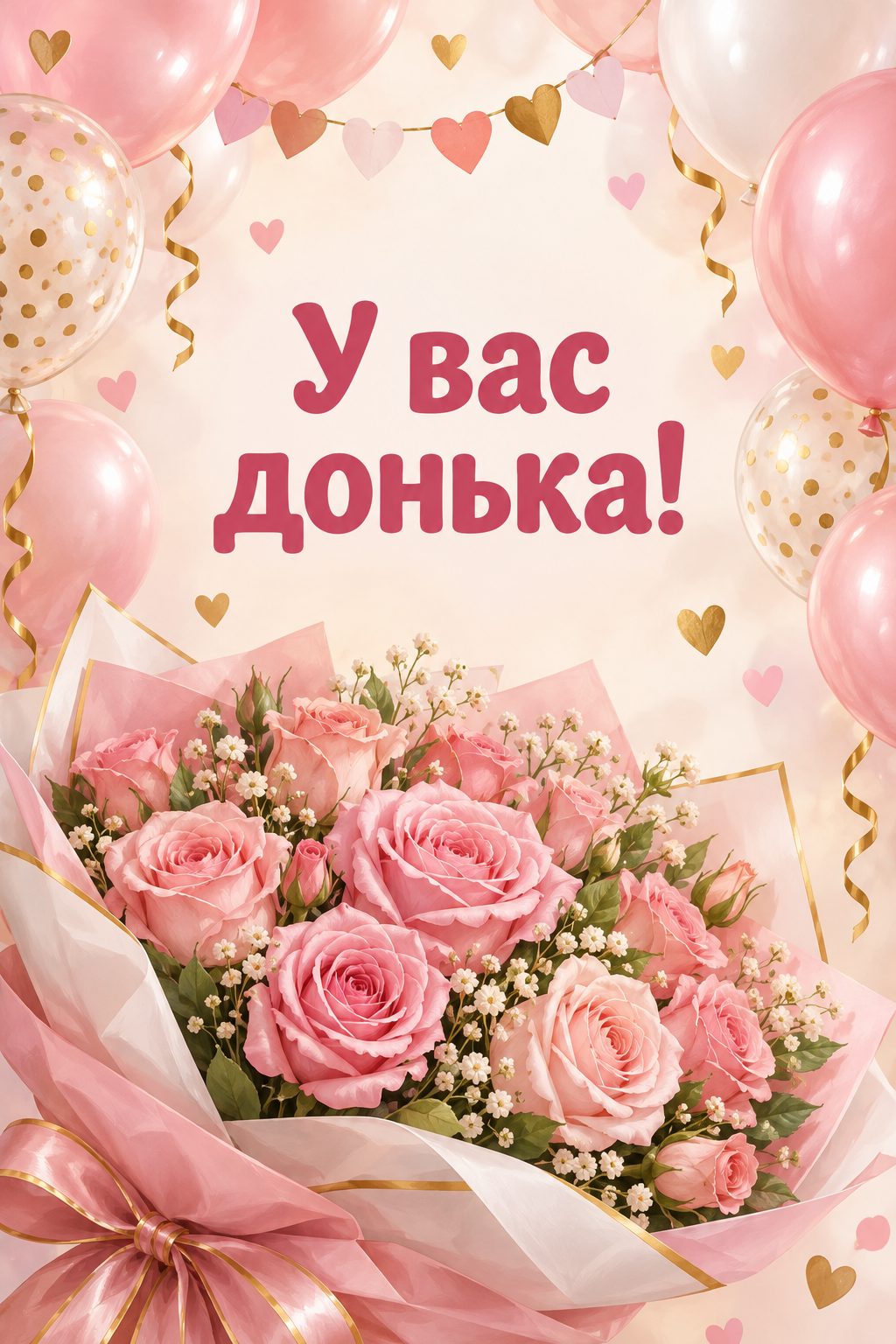 Листівка з народженням донечки: рожеві й білі кульки з гірляндою сердечок і троянди, напис «У вас донька!»