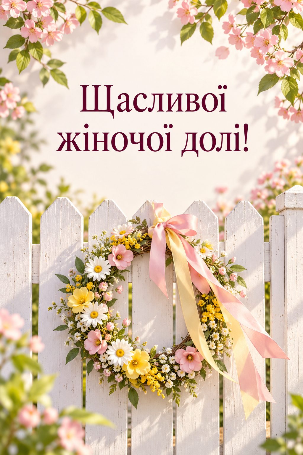 Листівка з народженням донечки: маленький віночок зі стрічками на паркані, напис «Щасливої жіночої долі!»