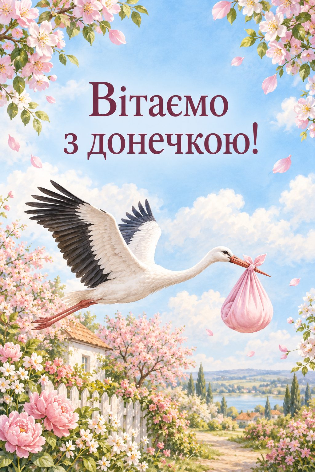 Листівка з народженням донечки: лелека з рожевим згортком над квітучим садом, напис «Вітаємо з донечкою!»