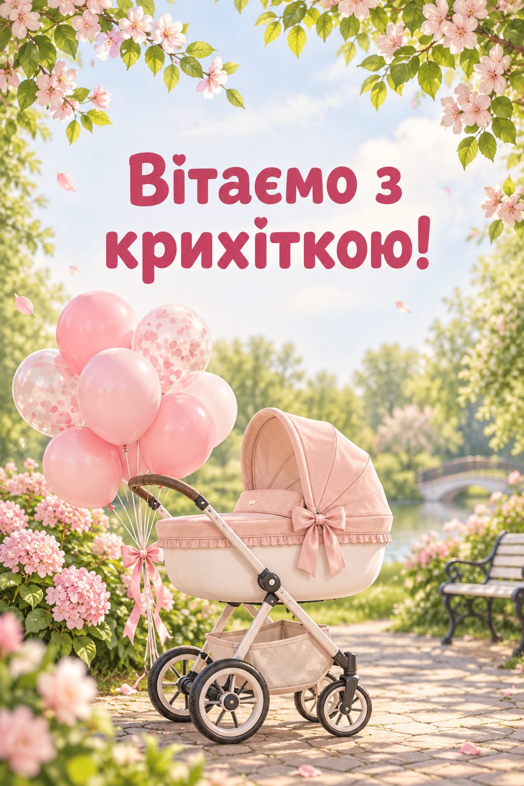 Листівка з народженням донечки: візочок із рожевим капюшоном і кульками в парку, напис «Вітаємо з крихіткою!»
