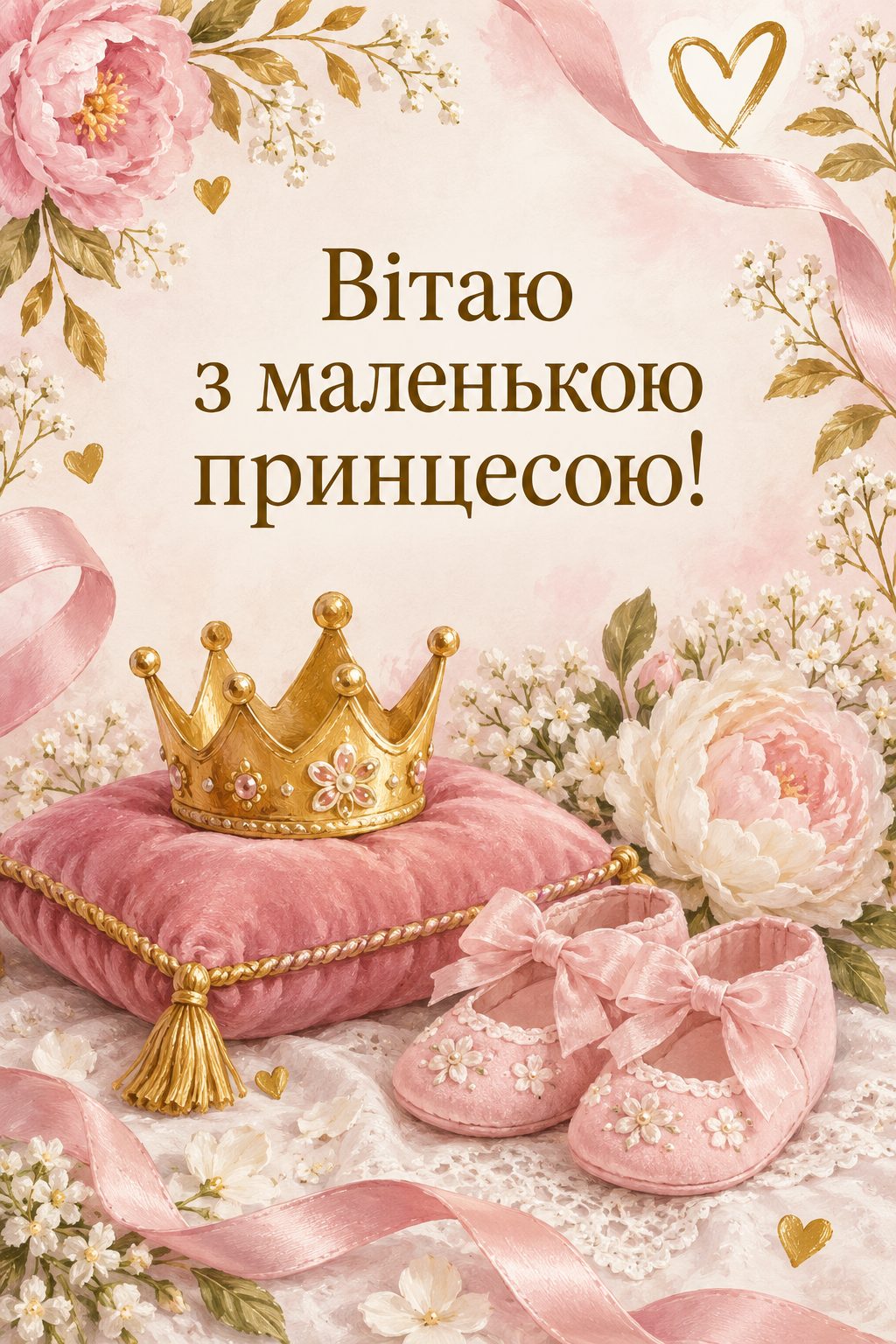 Листівка з народженням донечки: крихітна корона на рожевій подушечці й пінетки, напис «Вітаю з маленькою принцесою!»