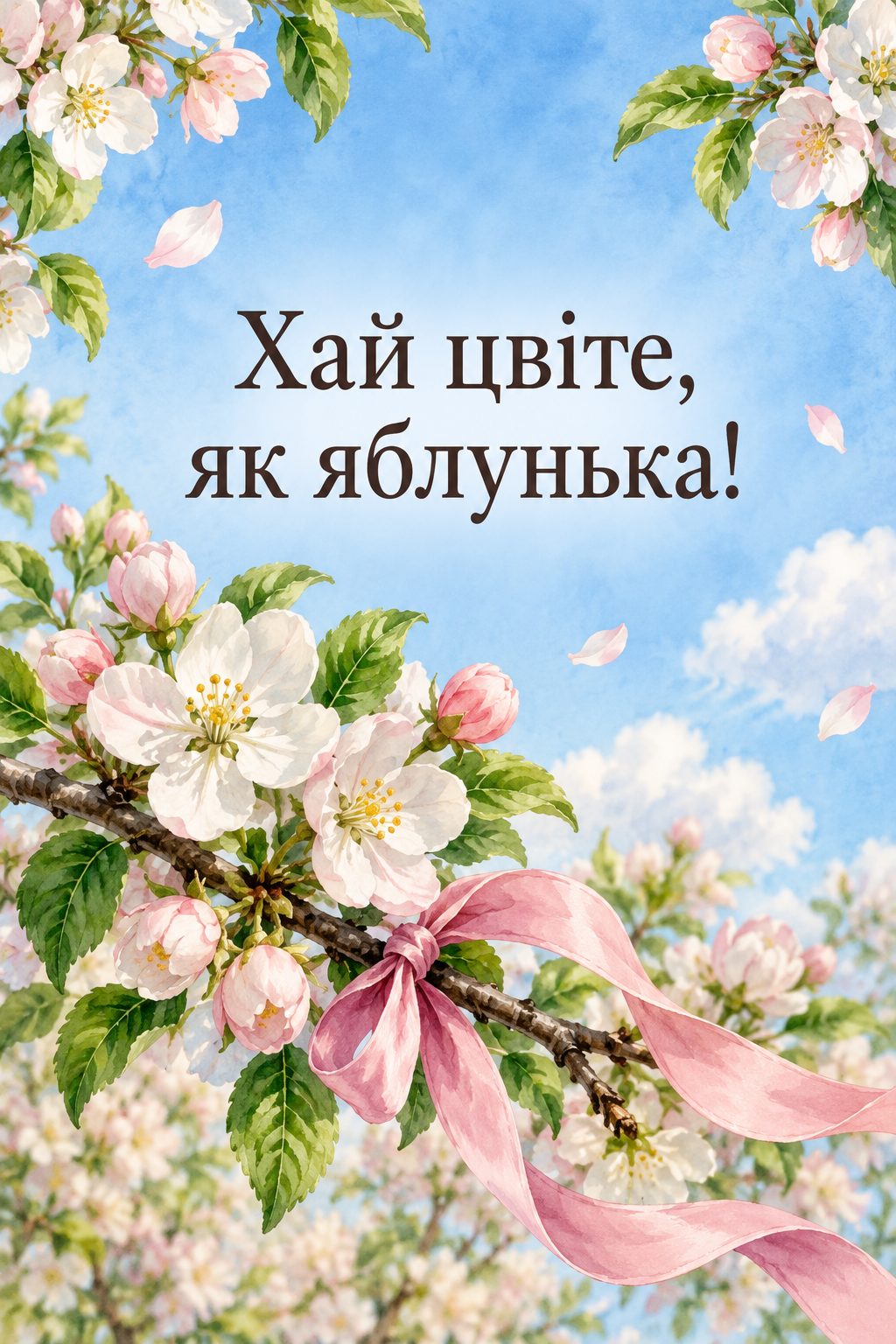 Листівка з народженням донечки: квітуча гілка яблуні з рожевою стрічкою, напис «Хай цвіте, як яблунька!»