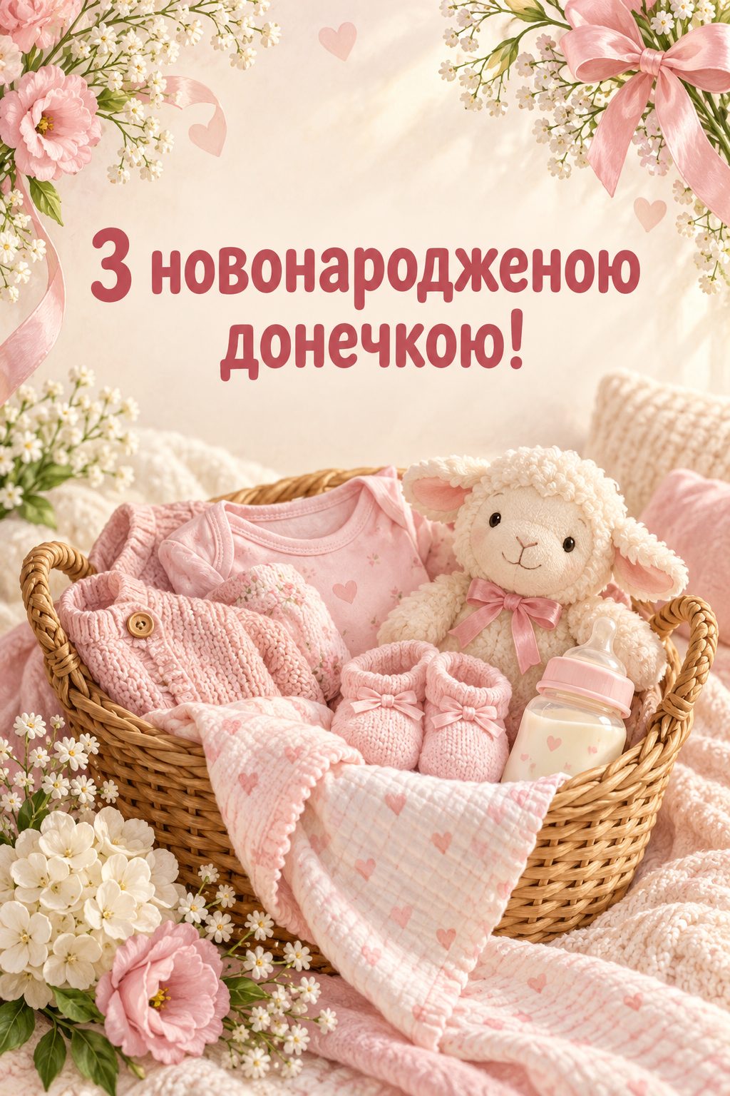 Листівка з народженням донечки: кошик із рожевим одягом, пляшечкою й ягнятком, напис «З новонародженою донечкою!»