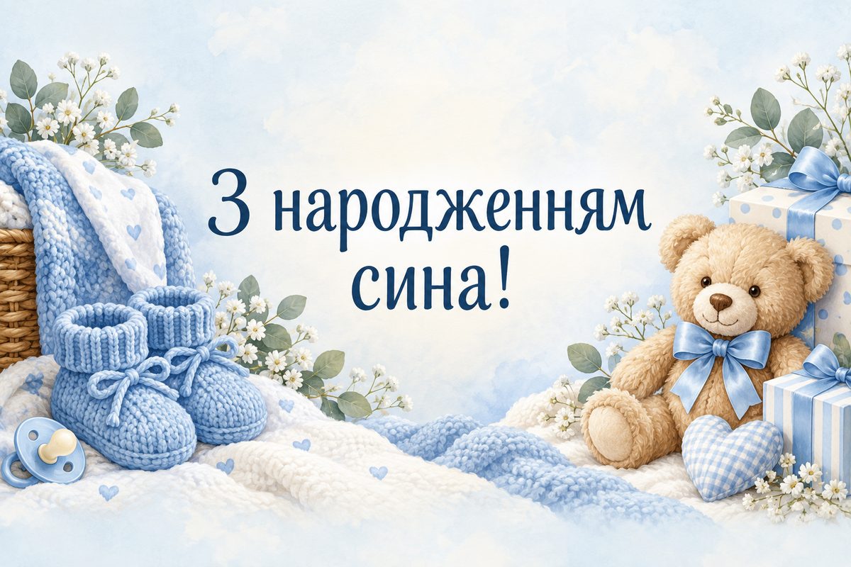 Листівка з народженням дитини: блакитні вʼязані пінетки й ведмедик, напис «З народженням сина!»