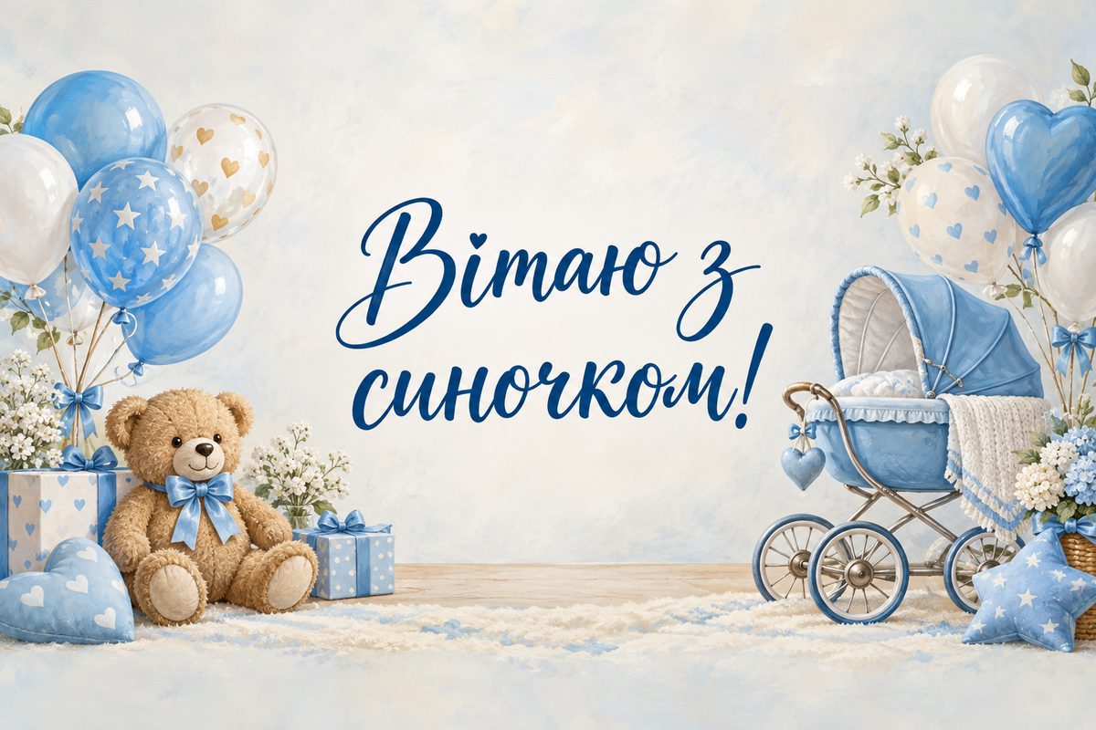 Листівка з народженням дитини: блакитний візочок із кульками й ведмедиком, напис «Вітаю з синочком!»