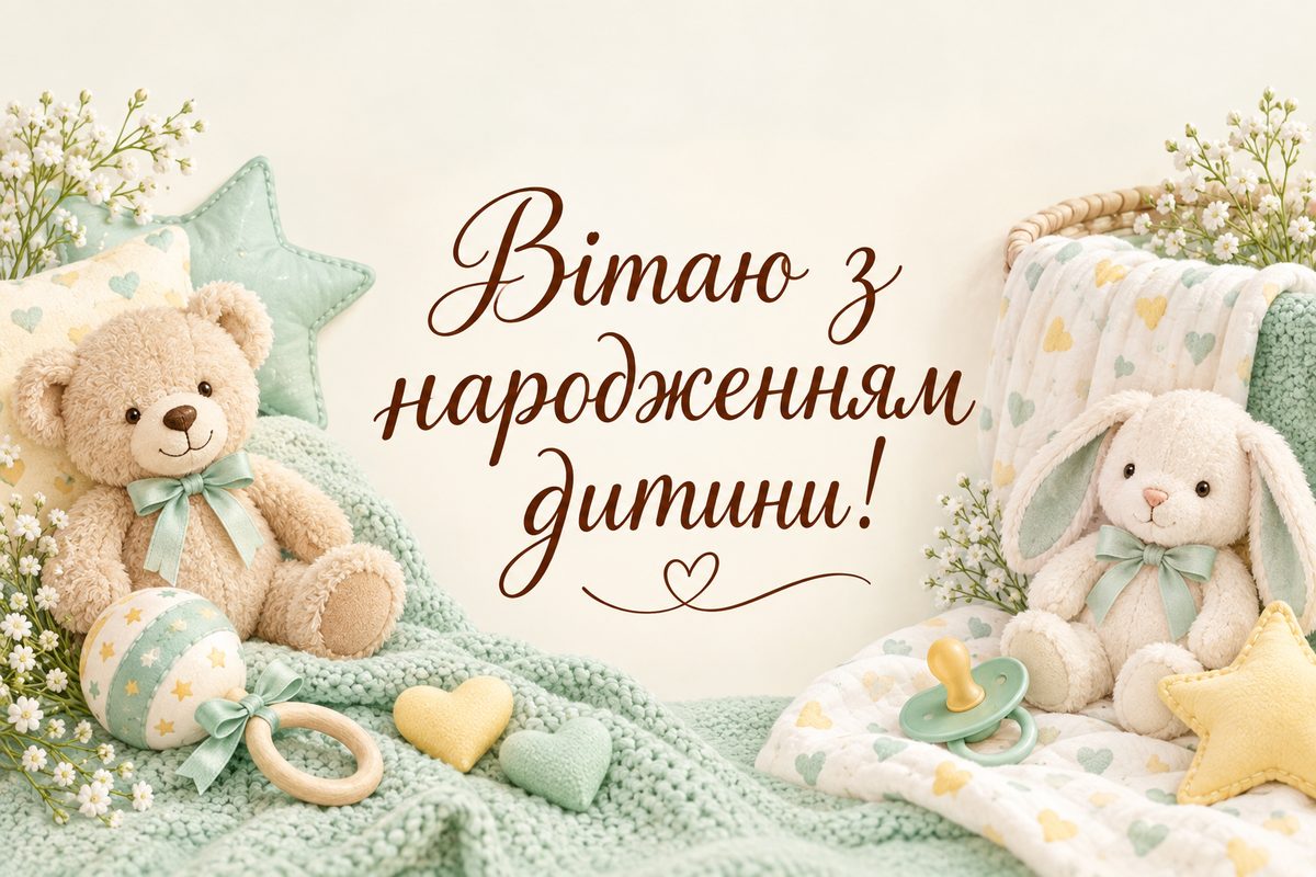 Листівка з народженням дитини: брязкальце, соска й мʼякі іграшки на ковдрі, напис «Вітаю з народженням дитини!»