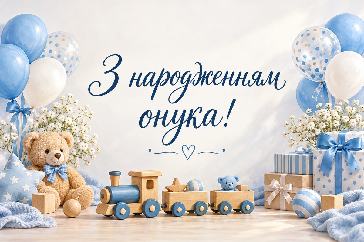 Листівка з народженням дитини: деревʼяний потяг і блакитні кульки, напис «З народженням онука!»