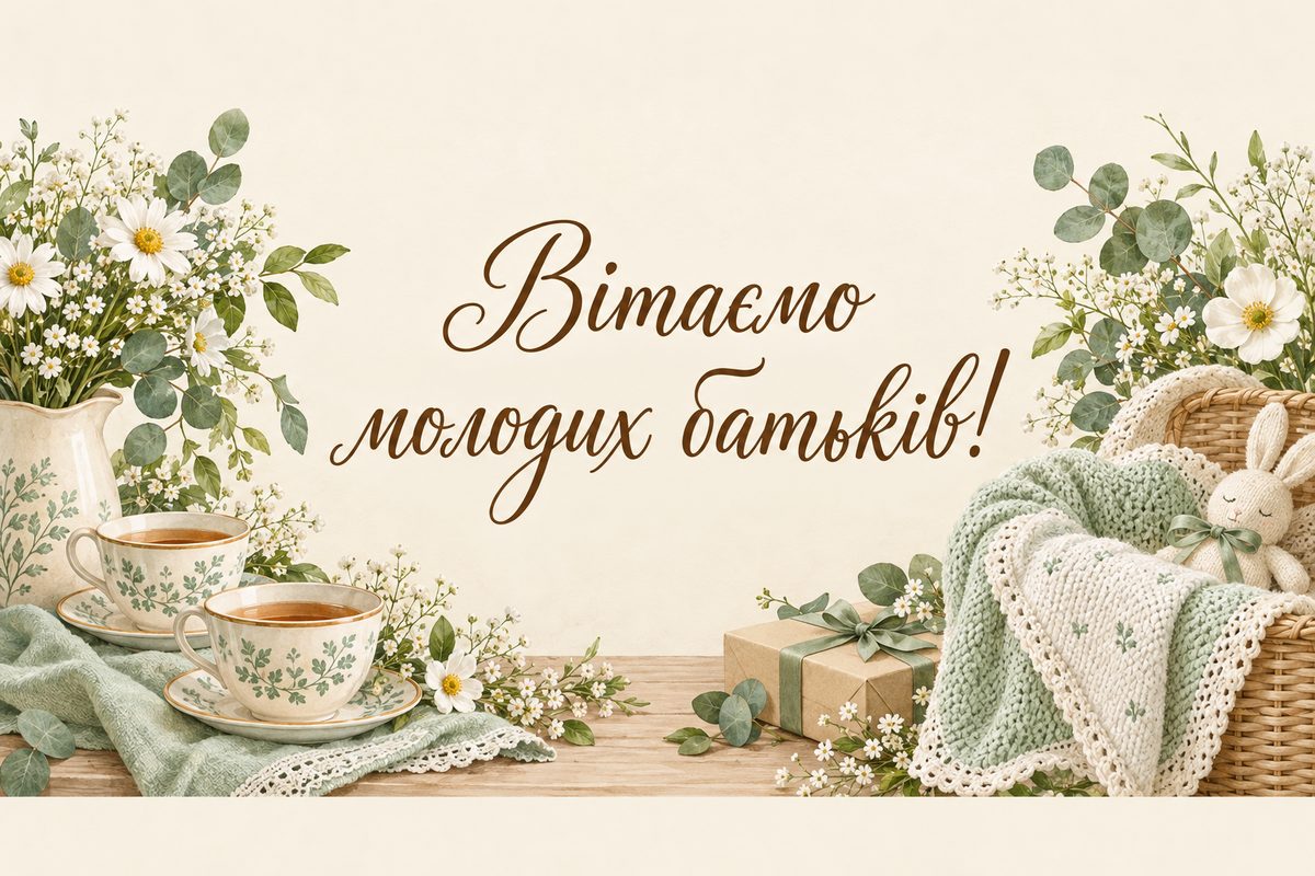 Листівка з народженням дитини: дві чашки чаю й дитячий плед, напис «Вітаємо молодих батьків!»