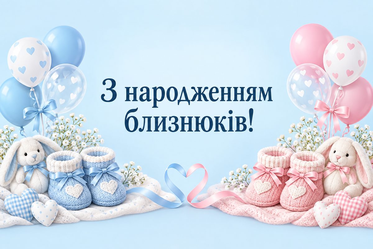 Листівка з народженням дитини: дві пари пінеток і кульки, напис «З народженням близнюків!»