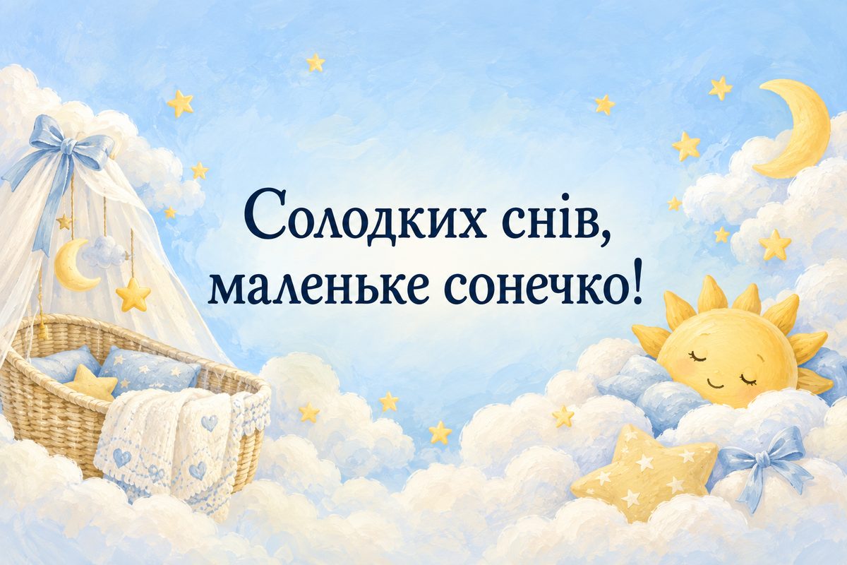 Листівка з народженням дитини: хмарки, зірки й сонечко на подушці, напис «Солодких снів, маленьке сонечко!»
