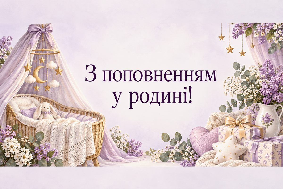 Листівка з народженням дитини: колиска з підвіскою-зірками, напис «З поповненням у родині!»