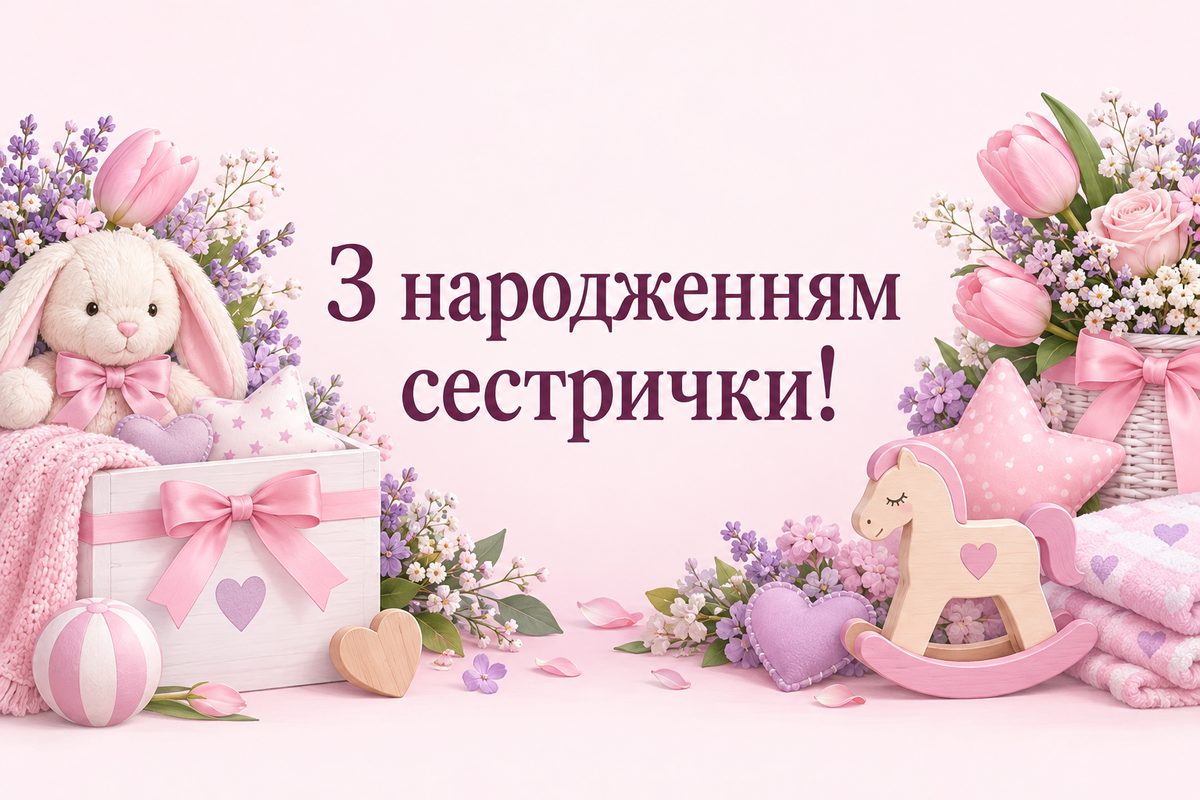 Листівка з народженням дитини: коробка з іграшками й рожевим бантом, напис «З народженням сестрички!»