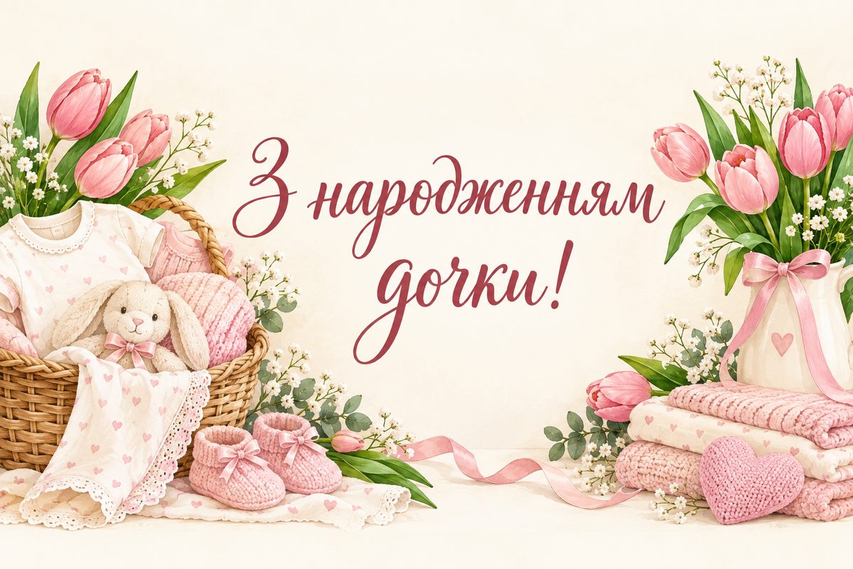 Листівка з народженням дитини: кошик дитячого одягу й тюльпани, напис «З народженням дочки!»