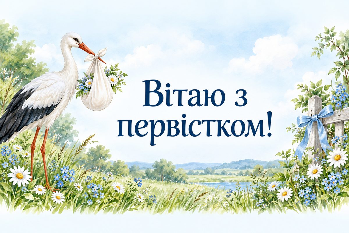 Листівка з народженням дитини: лелека на лузі зі згортком, напис «Вітаю з первістком!»