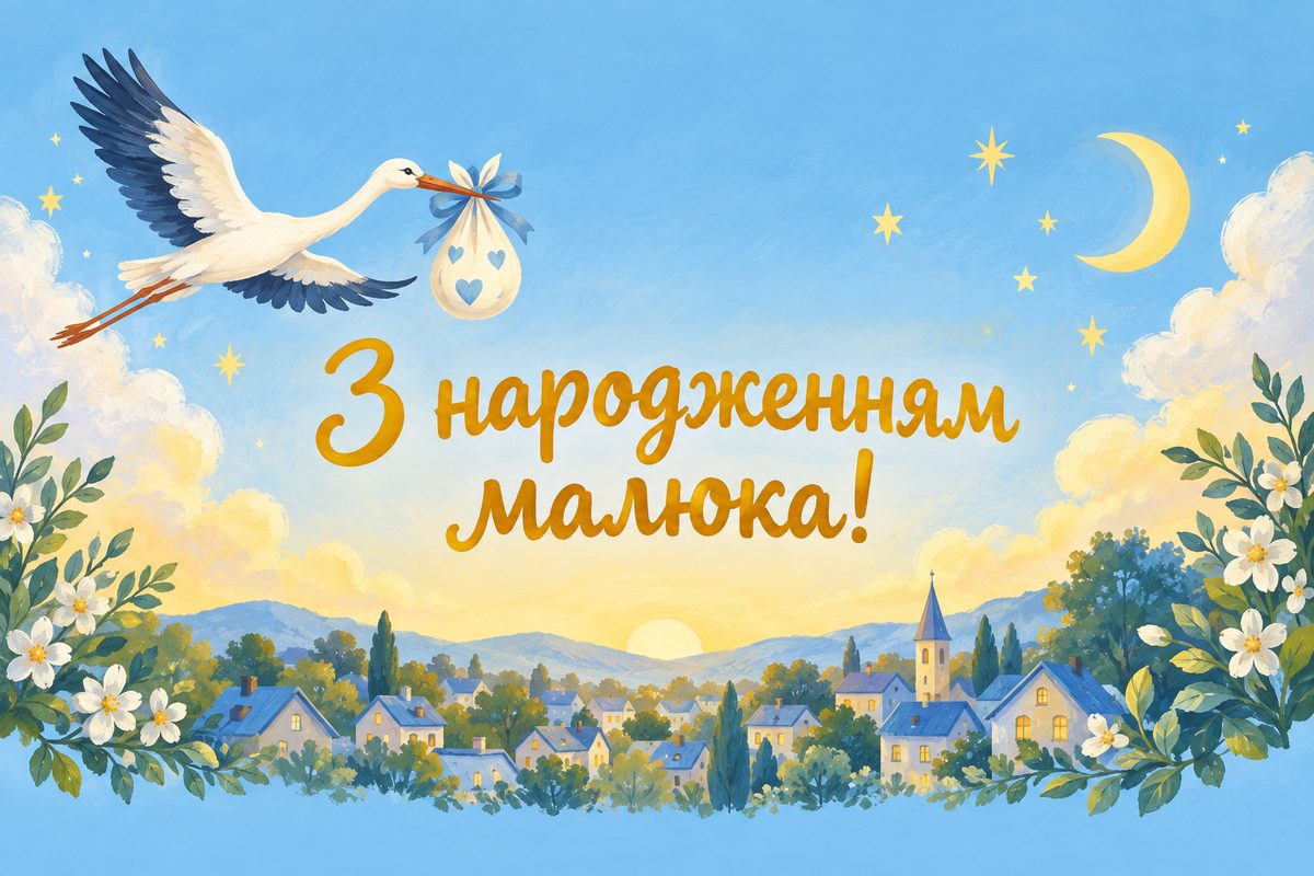 Листівка з народженням дитини: лелека зі згортком над сонним містечком, напис «З народженням малюка!»