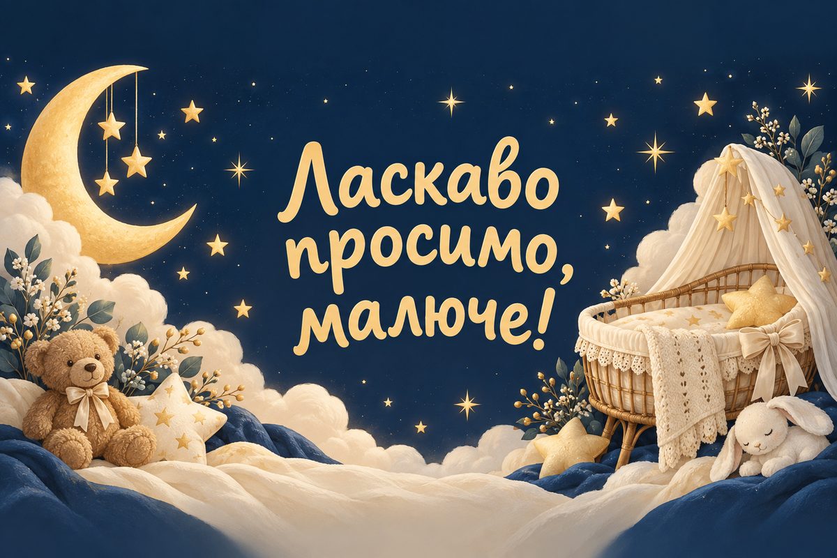 Листівка з народженням дитини: місяць і зорі над колискою, напис «Ласкаво просимо, малюче!»