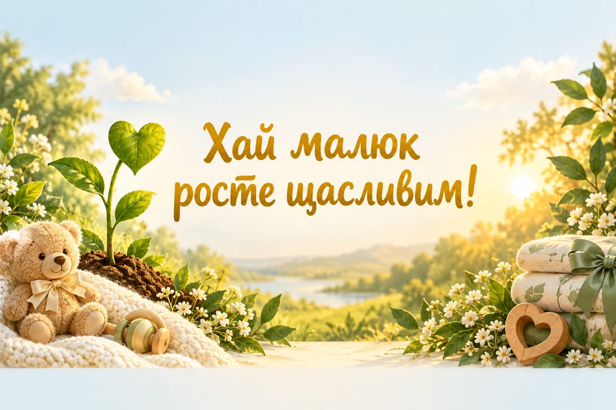 Листівка з народженням дитини: паросток із листочком-сердечком, напис «Хай малюк росте щасливим!»