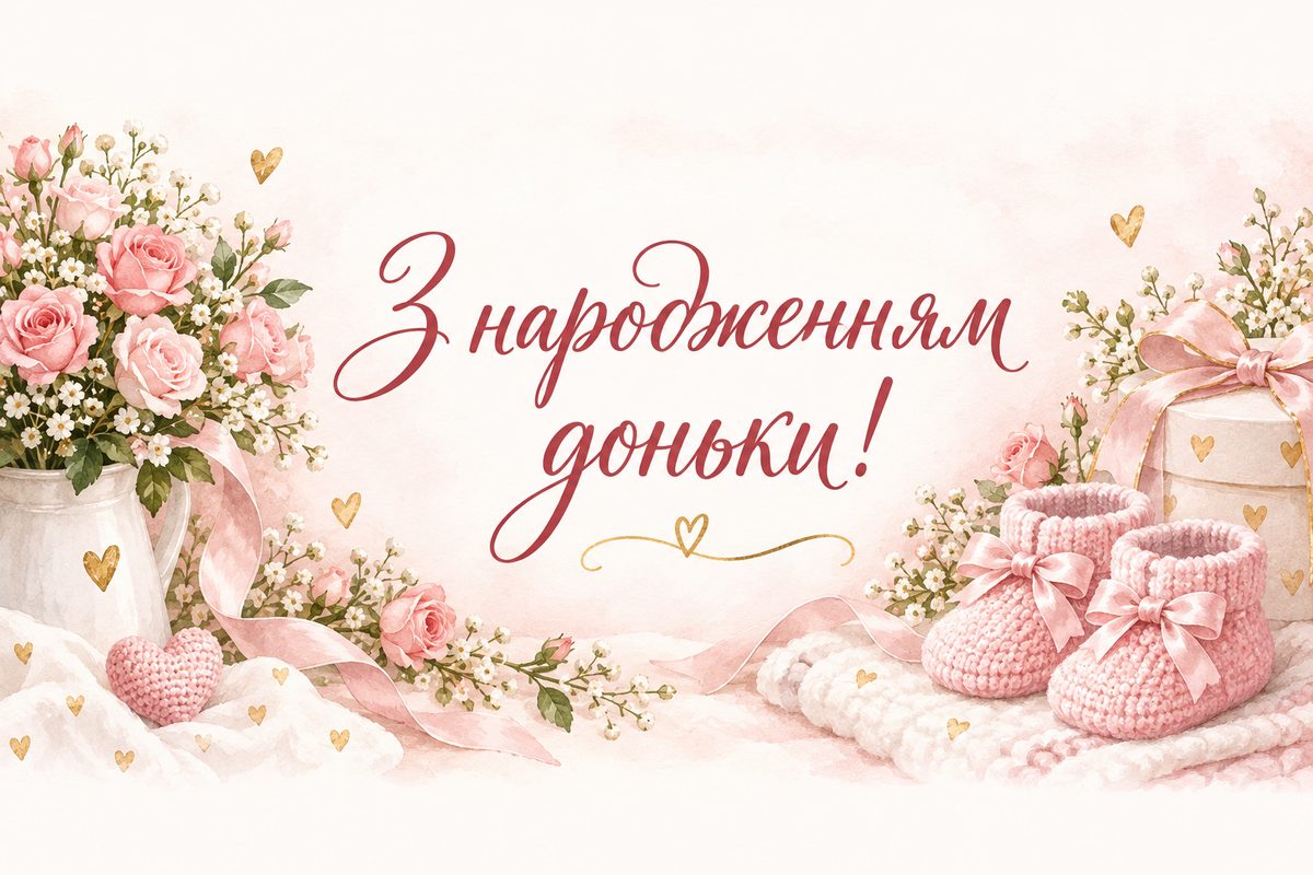 Листівка з народженням дитини: рожеві пінетки й букетик троянд, напис «З народженням доньки!»
