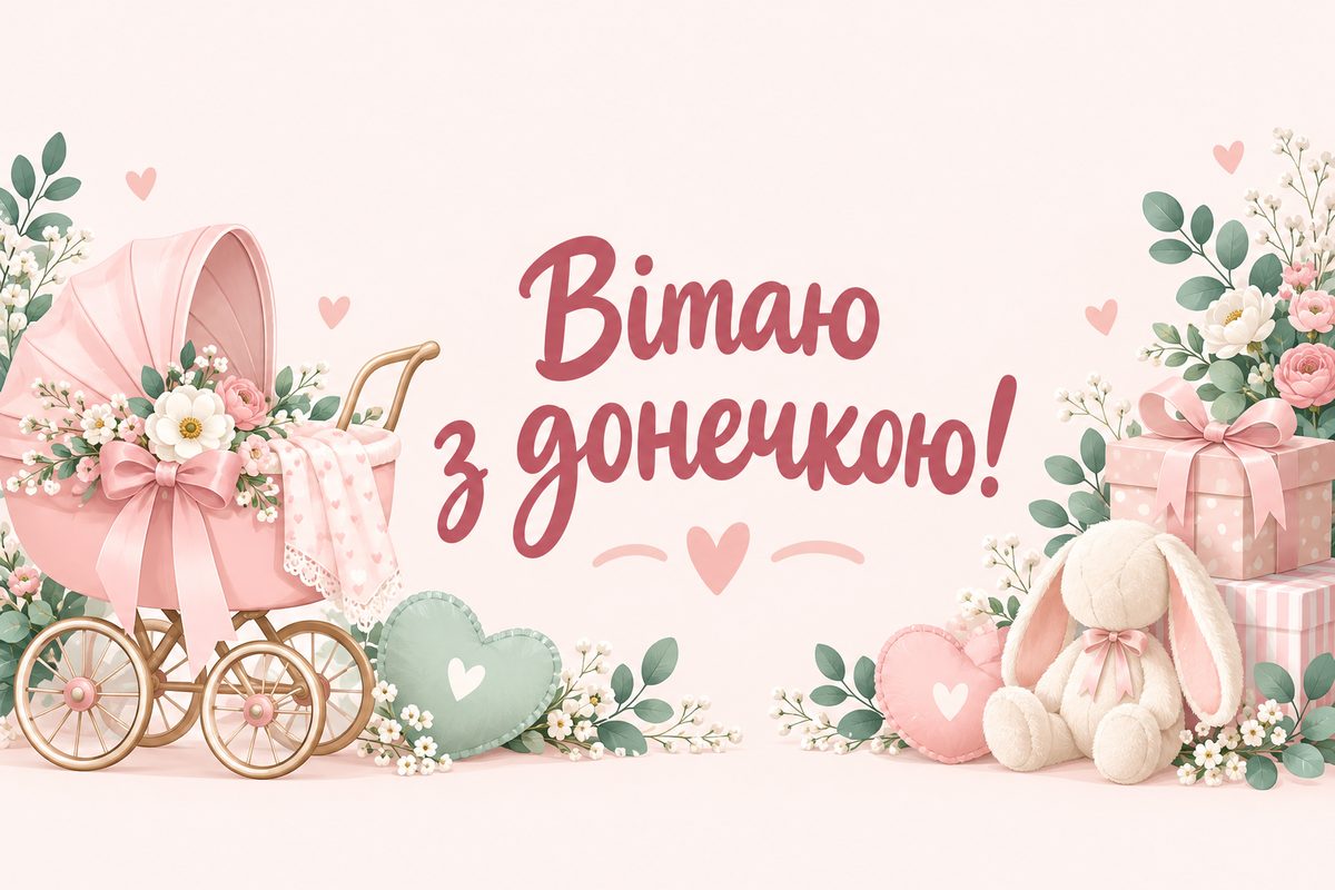 Листівка з народженням дитини: рожевий візочок із квітами й стрічками, напис «Вітаю з донечкою!»
