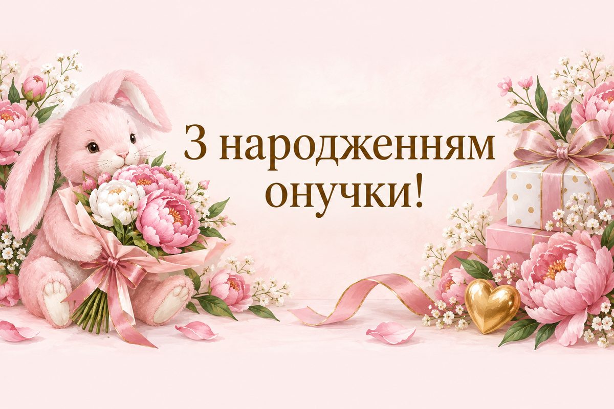 Листівка з народженням дитини: рожевий зайчик і півонії, напис «З народженням онучки!»