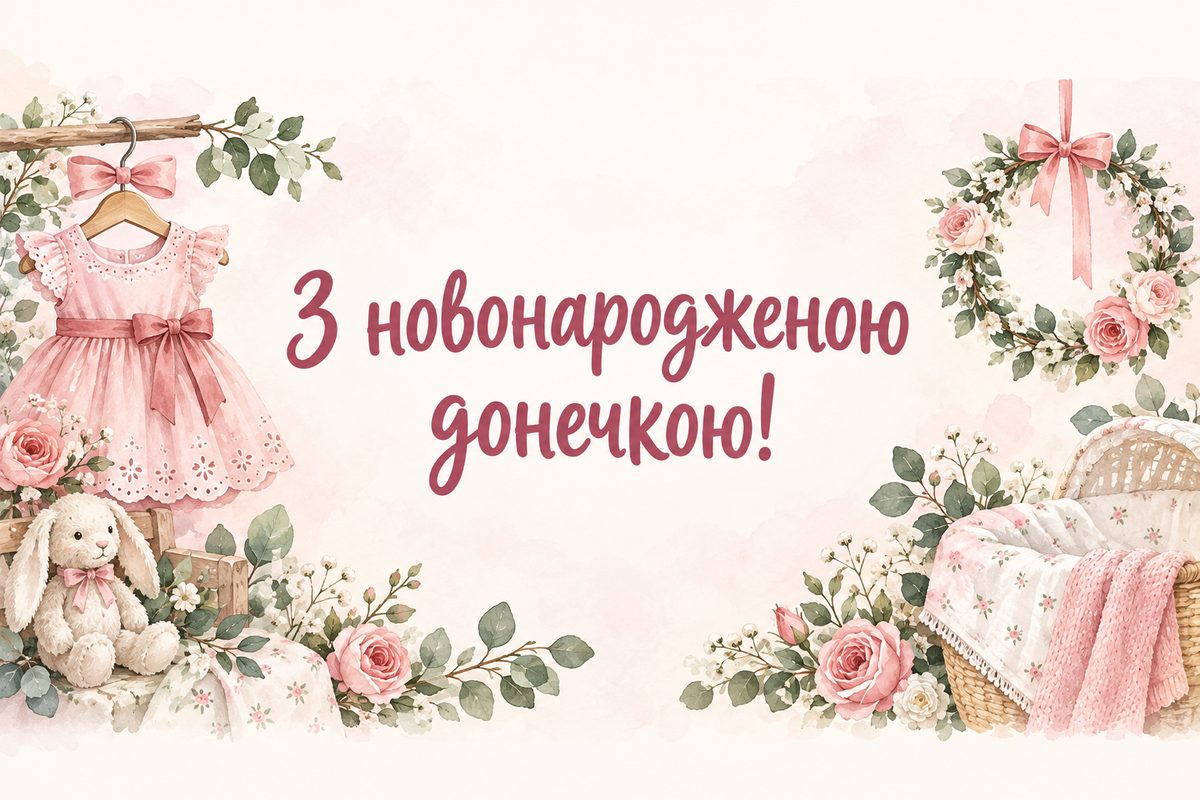 Листівка з народженням дитини: крихітна сукенка на вішаку з вінком, напис «З новонародженою донечкою!»
