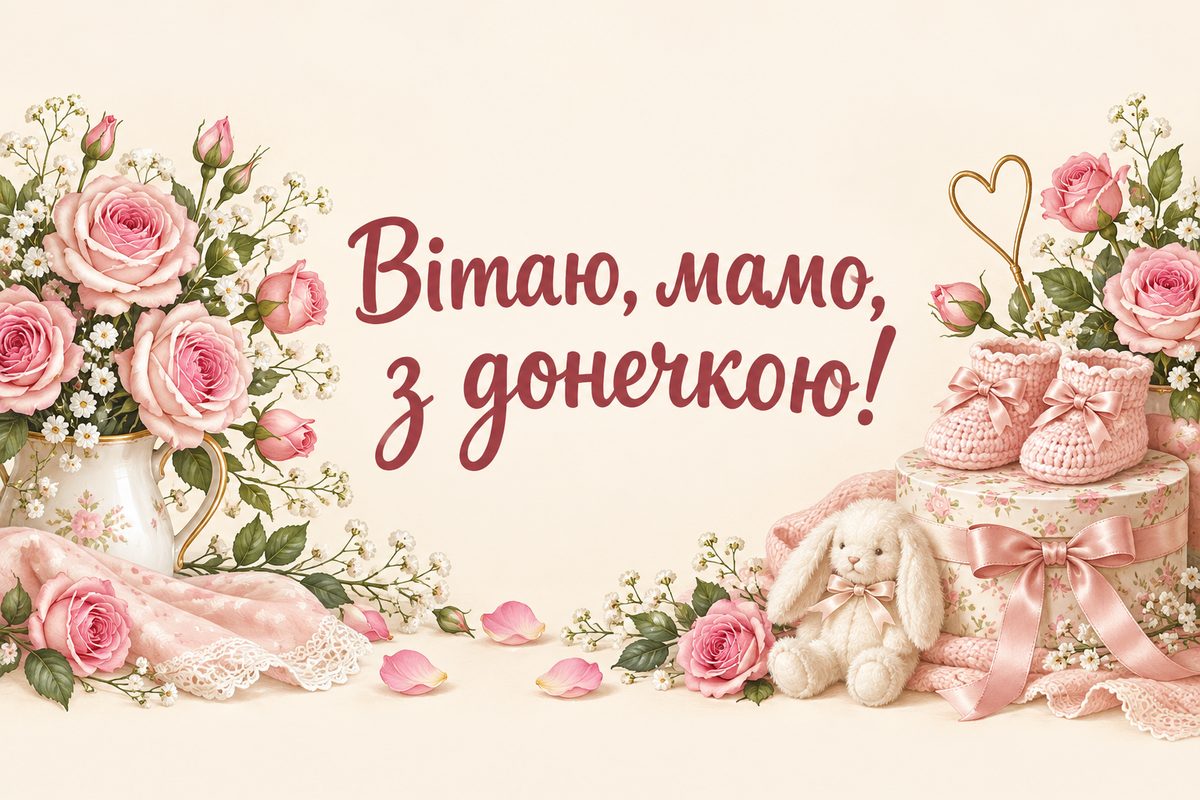 Листівка з народженням дитини: рожеві троянди й пінетки, напис «Вітаю, мамо, з донечкою!»