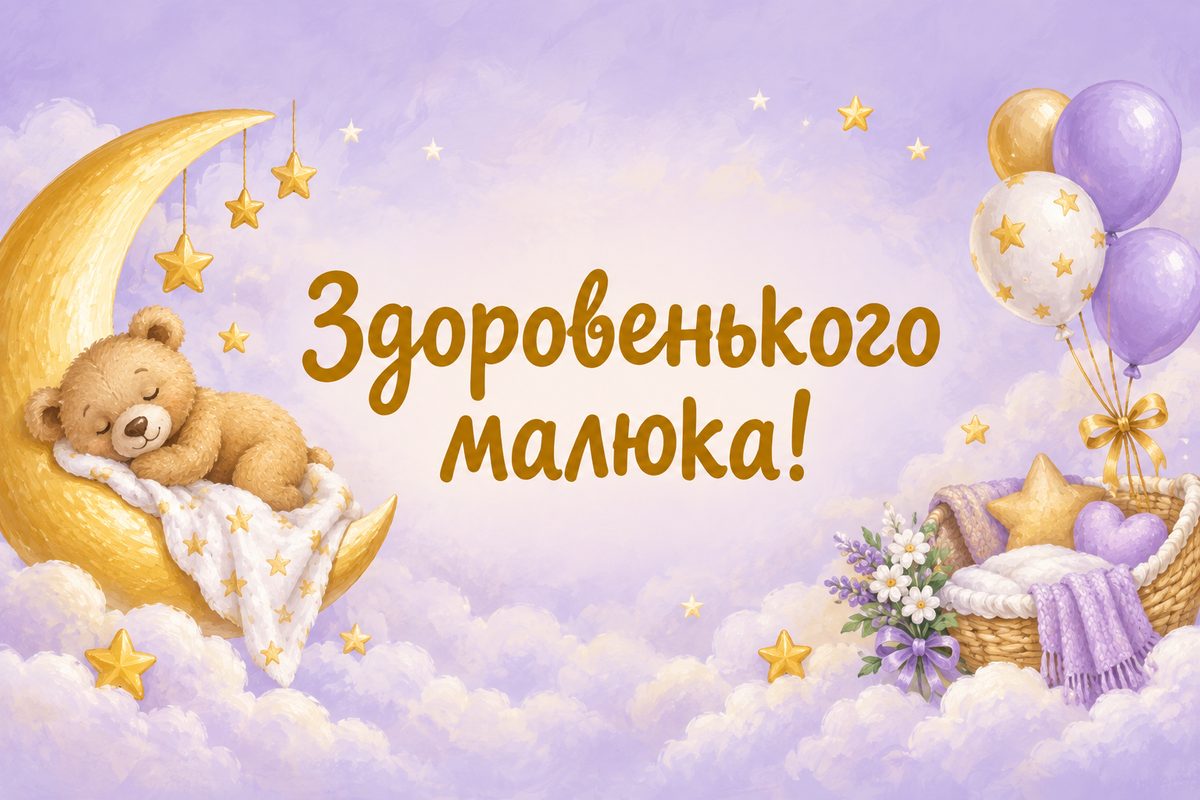 Листівка з народженням дитини: ведмедик спить на місяці, напис «Здоровенького малюка!»