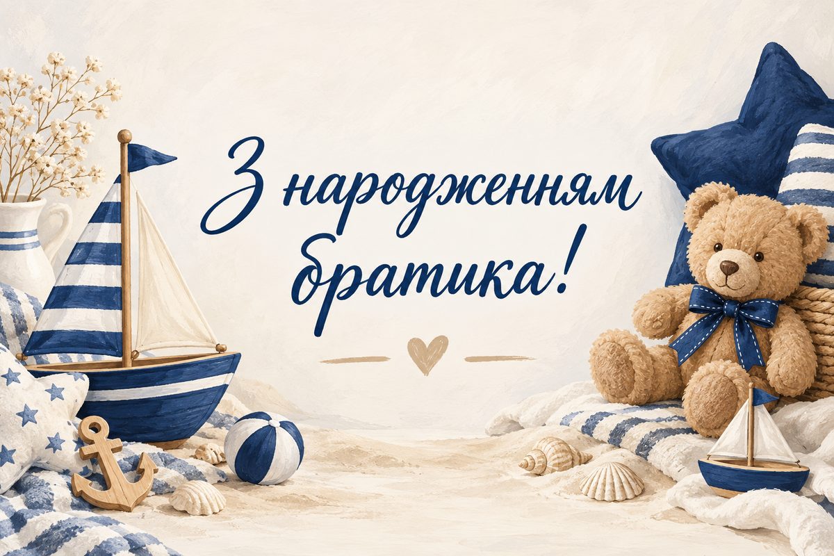 Листівка з народженням дитини: іграшковий вітрильник і ведмедик, напис «З народженням братика!»
