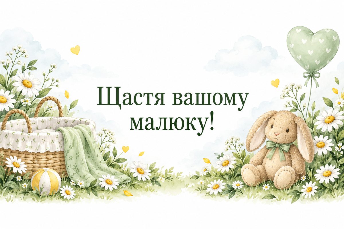 Листівка з народженням дитини: іграшковий зайчик серед ромашок, напис «Щастя вашому малюку!»