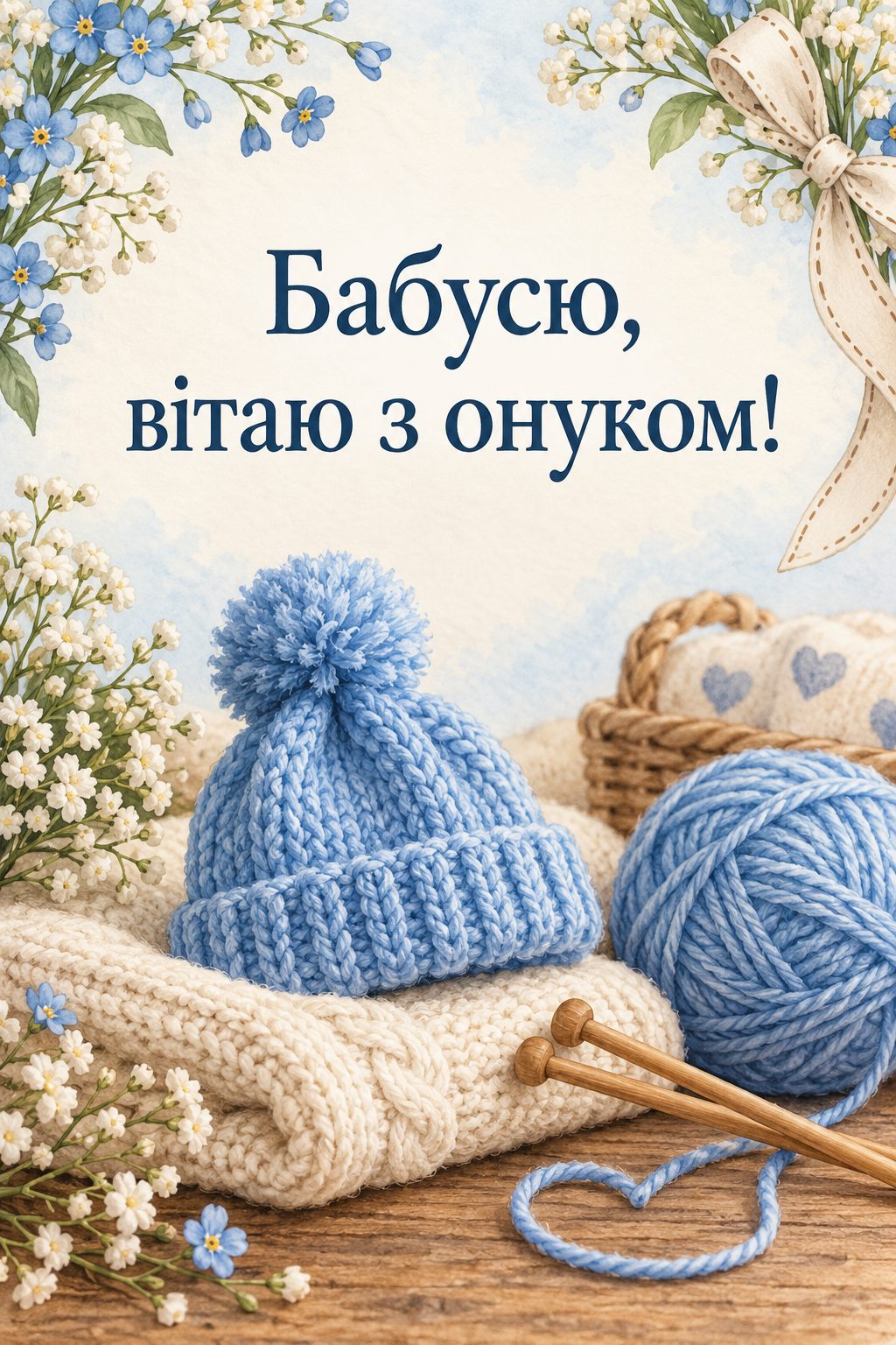 Листівка з народженням сина: спиці з крихітною блакитною шапочкою й клубок, напис «Бабусю, вітаю з онуком!»