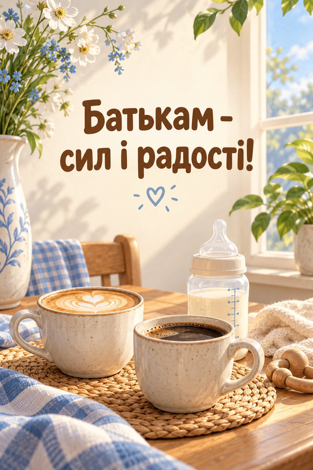 Листівка з народженням сина: дві чашки кави й дитяча пляшечка на столі, напис «Батькам - сил і радості!»