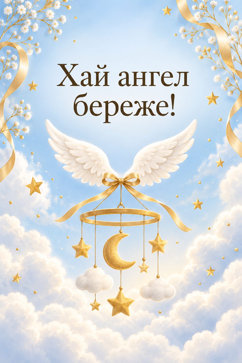 Листівка з народженням сина: білі ангельські крильця над мобілем із зірками, напис «Хай ангел береже!»