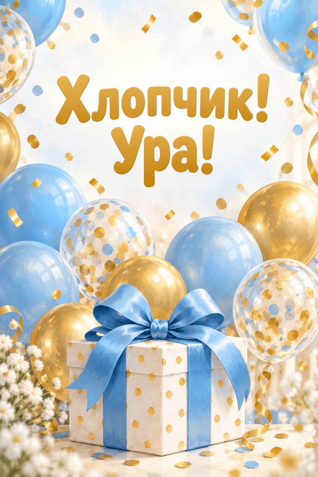 Листівка з народженням сина: блакитні кульки з конфеті над подарунком, напис «Хлопчик! Ура!»