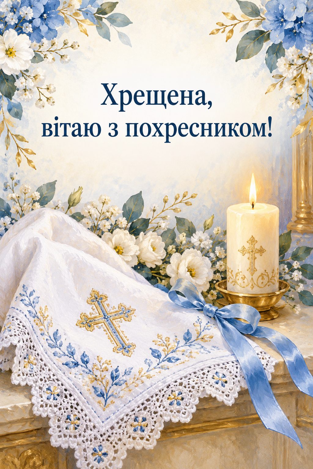 Листівка з народженням сина: вишита крижма, свічка й блакитна стрічка, напис «Хрещена, вітаю з похресником!»