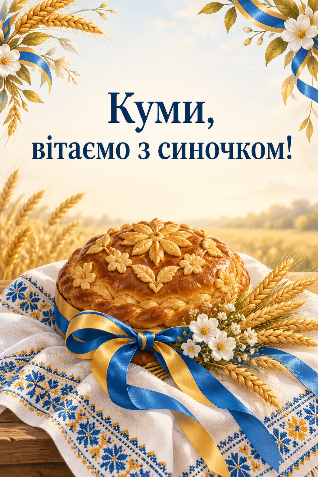 Листівка з народженням сина: коровай на рушнику з блакитною стрічкою, напис «Куми, вітаємо з синочком!»